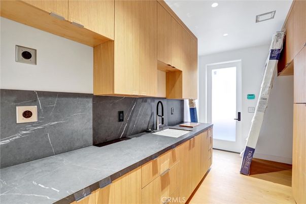 Interior, Kitchen, Marble Walls, Recessed Lighting, Wood Texture Flooring