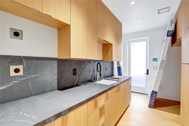 Interior, Kitchen, Marble Walls, Recessed Lighting, Wood Texture Flooring