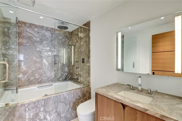 Bathroom, Glass Shower, Interior, Marble Walls, Recessed Lighting