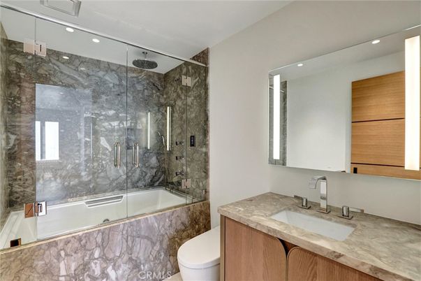 Bathroom, Glass Shower, Interior, Marble Walls, Recessed Lighting
