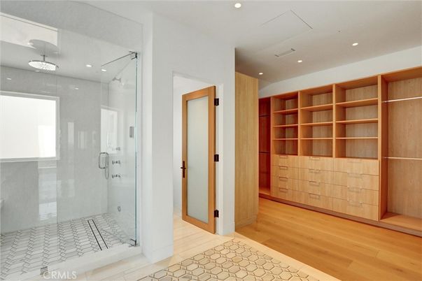 Bathroom, Glass Shower, Interior, Recessed Lighting, Wood Texture Flooring