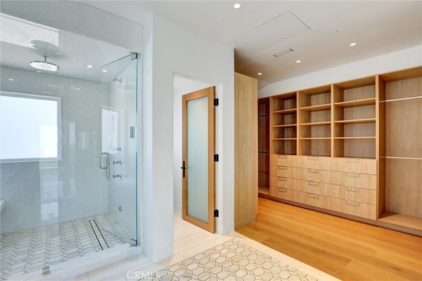 Bathroom, Glass Shower, Interior, Recessed Lighting, Wood Texture Flooring