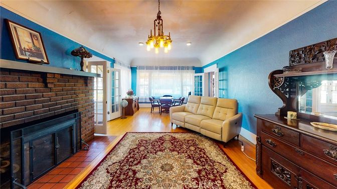 Dining room, Fireplace, Interior, Pendant Lights, Recessed Lighting, Stone Walls, Wood Texture Flooring