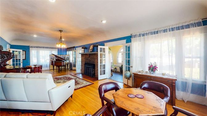 Dining room, Fireplace, Interior, Living room, Pendant Lights, Piano, Recessed Lighting, Wood Texture Flooring