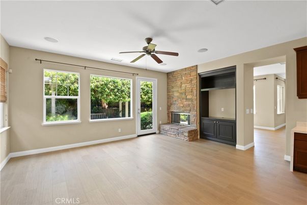 Empty room, Fireplace, Interior, Stone Walls, Wood Texture Flooring