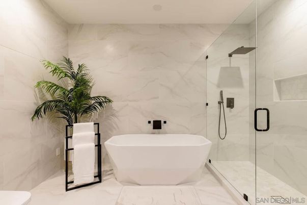 Bathroom, Free Standing Baths, Glass Shower, Interior, Marble, Marble Walls