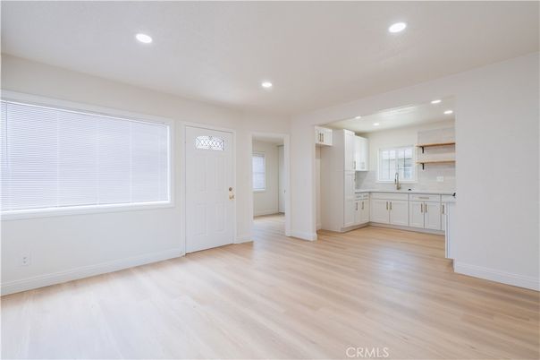 Empty room, Interior, Kitchen, Recessed Lighting, Wood Texture Flooring