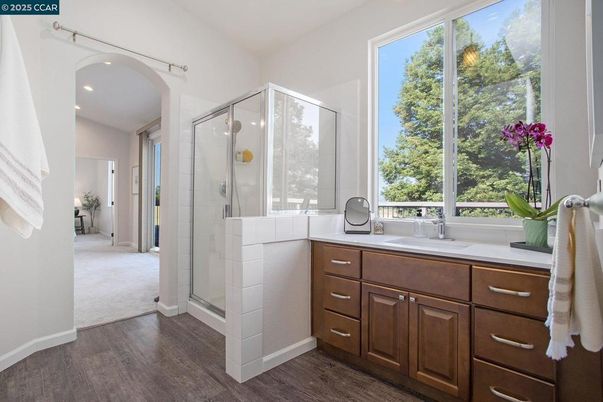 Bathroom, Glass Shower, Interior, Recessed Lighting, Wood Texture Flooring