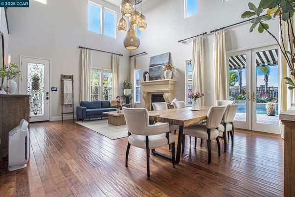 Dining room, Fireplace, Interior, Pendant Lights, Wood Texture Flooring
