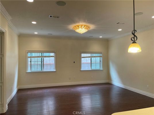Chandelier, Empty room, Interior, Pendant Lights, Recessed Lighting, Wood Texture Flooring