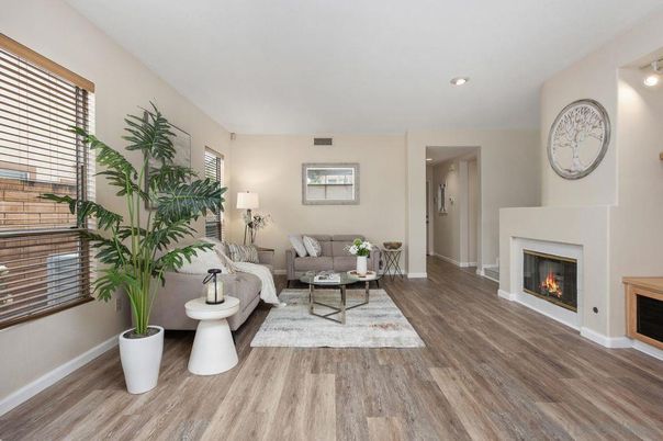 Fireplace, Interior, Living room, Recessed Lighting, Wood Texture Flooring