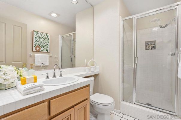 Bathroom, Glass Shower, Interior, Recessed Lighting, Tile Countertops