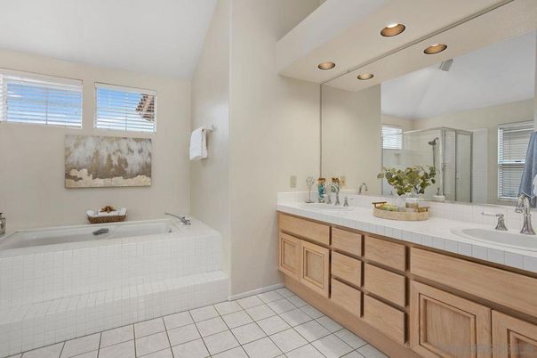 Bathroom, Dual Sink Vanities, Interior, Recessed Lighting, Tile Countertops