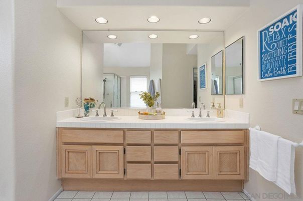 Bathroom, Dual Sink Vanities, Interior, Recessed Lighting, Tile Countertops