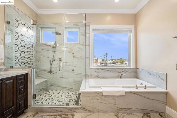 Bathroom, Glass Shower, Interior, Marble, Marble Walls, Recessed Lighting