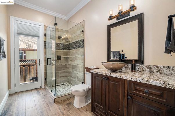 Bathroom, Glass Shower, Interior, Wood Texture Flooring