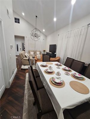 Dining room, Interior, Living room, Pendant Lights, Recessed Lighting, Wood Texture Flooring