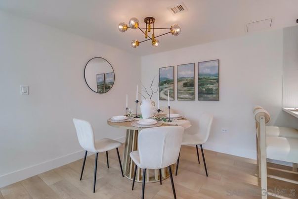 Dining room, Interior, Pendant Lights, Wood Texture Flooring