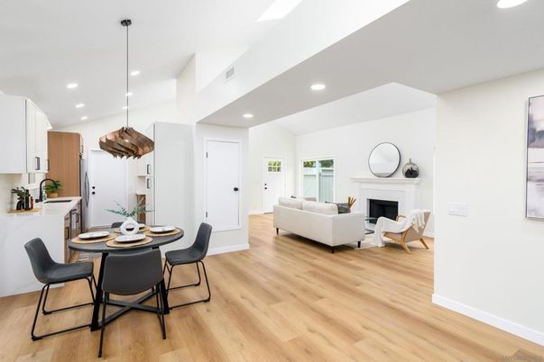 Dining room, Fireplace, Interior, Kitchen, Living room, Pendant Lights, Recessed Lighting, Wood Texture Flooring