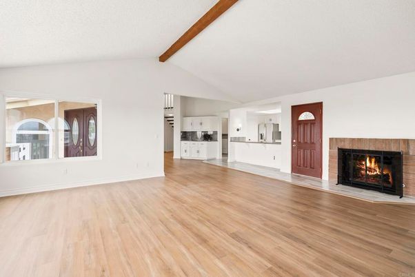 Empty room, Fireplace, Interior, Kitchen, Wooden Beams, Wood Texture Flooring