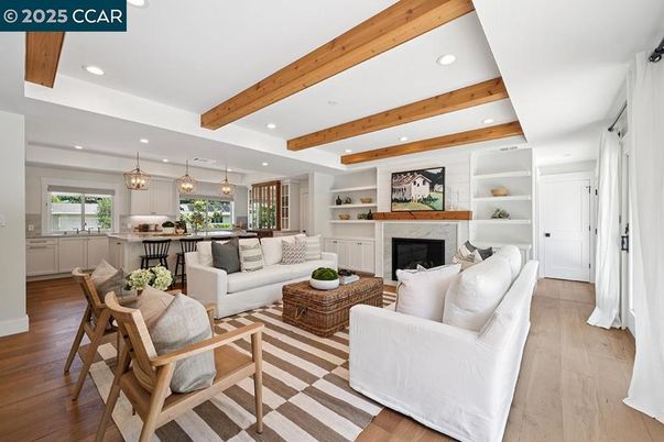 Fireplace, Interior, Living room, Pendant Lights, Recessed Lighting, Wooden Beams, Wood Texture Flooring
