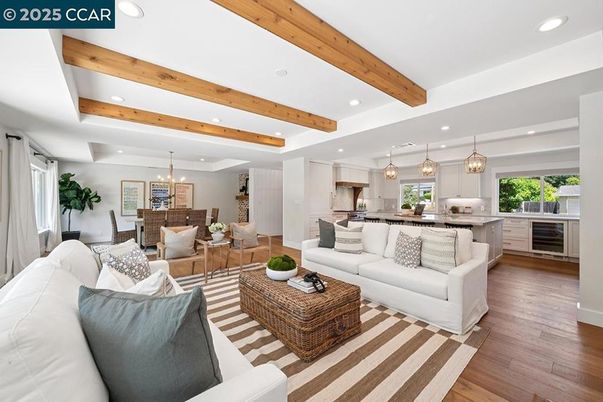 Dining room, Interior, Kitchen, Living room, Pendant Lights, Recessed Lighting, Stainless Steel Appliances, Wooden Beams, Wood Texture Flooring