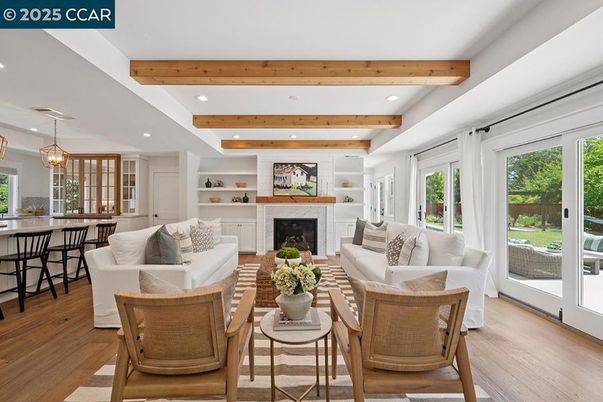 Fireplace, Interior, Living room, Pendant Lights, Recessed Lighting, Wooden Beams, Wood Texture Flooring