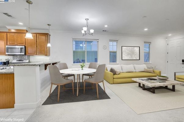 Chandelier, Dining room, Interior, Kitchen, Living room, Pendant Lights, Recessed Lighting, Stainless Steel Appliances