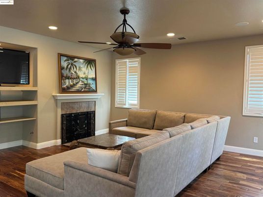 Fireplace, Interior, Living room, Recessed Lighting, Wood Texture Flooring