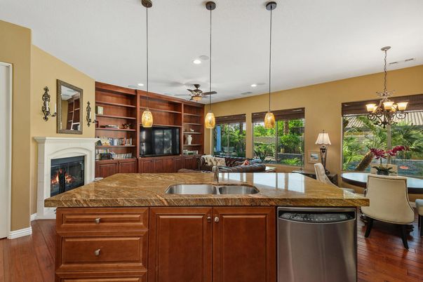 Chandelier, Dining room, Fireplace, Interior, Kitchen, Pendant Lights, Recessed Lighting, Wood Texture Flooring