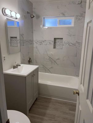 Bathroom, Interior, Marble Walls, Wood Texture Flooring