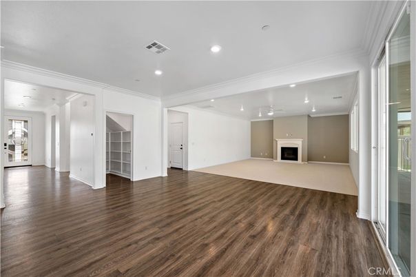 Empty room, Fireplace, Interior, Recessed Lighting, Wood Texture Flooring