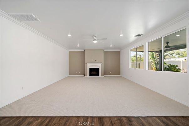 Empty room, Fireplace, Interior, Recessed Lighting, Wood Texture Flooring