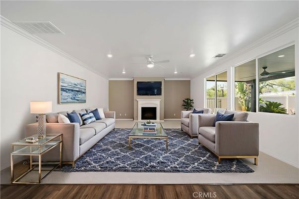 Fireplace, Interior, Living room, Recessed Lighting, Wood Texture Flooring