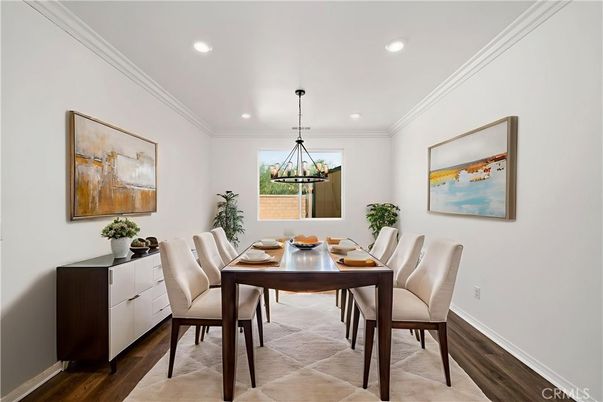 Dining room, Interior, Pendant Lights, Recessed Lighting, Wood Texture Flooring