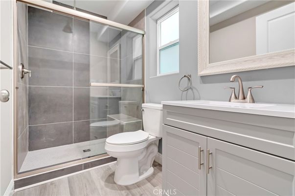 Bathroom, Glass Shower, Interior, Wood Texture Flooring