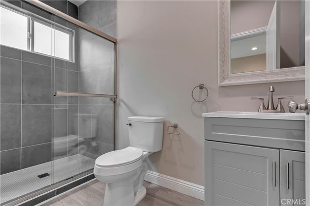Bathroom, Glass Shower, Interior, Recessed Lighting, Wood Texture Flooring