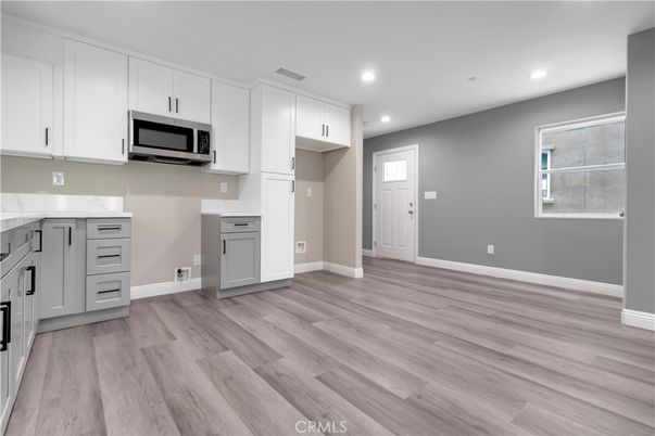 Empty room, Interior, Kitchen, Recessed Lighting, Wood Texture Flooring