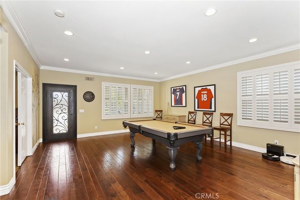 Billiard Table, Game Room, Interior, Recessed Lighting, Wood Texture Flooring
