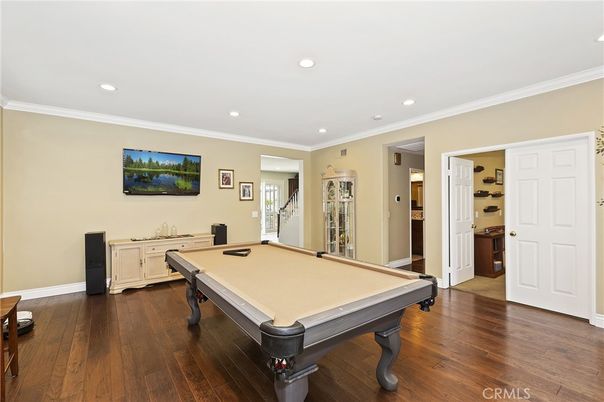 Billiard Table, Game Room, Interior, Recessed Lighting, Wood Texture Flooring