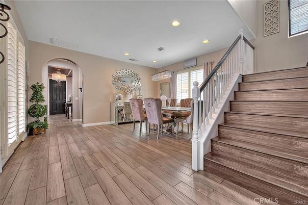 Dining room, Interior, Pendant Lights, Recessed Lighting, Wood Texture Flooring