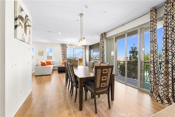 Dining room, Interior, Living room, Pendant Lights, Recessed Lighting, Wood Texture Flooring