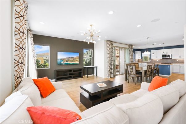 Dining room, Interior, Kitchen, Living room, Pendant Lights, Recessed Lighting, Stainless Steel Appliances, Wood Texture Flooring