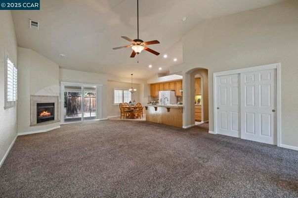 Chandelier, Dining room, Empty room, Fireplace, Interior, Kitchen, Pendant Lights, Recessed Lighting