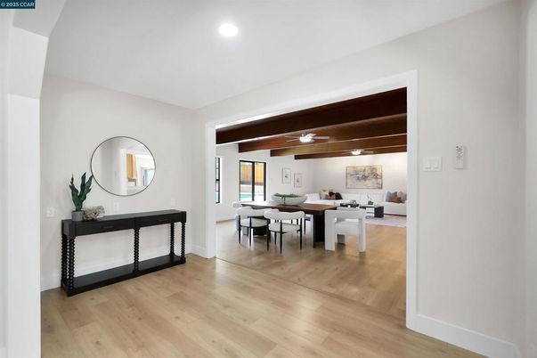Dining room, Interior, Living room, Recessed Lighting, Wooden Beams, Wood Texture Flooring