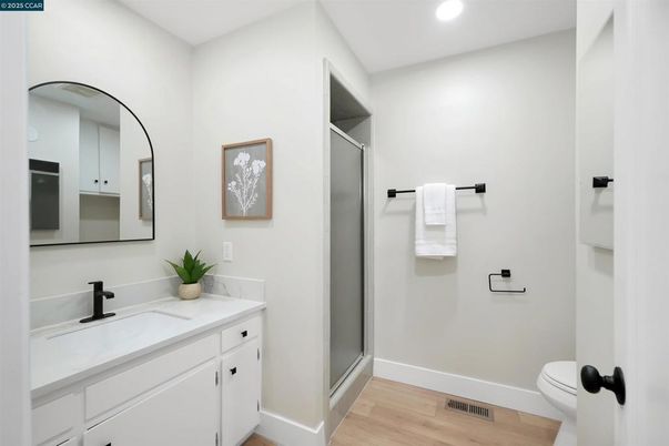 Bathroom, Glass Shower, Interior, Recessed Lighting, Wood Texture Flooring
