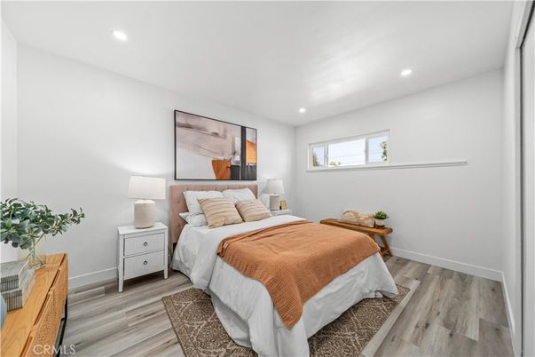 Bedroom, Interior, Recessed Lighting, Wood Texture Flooring
