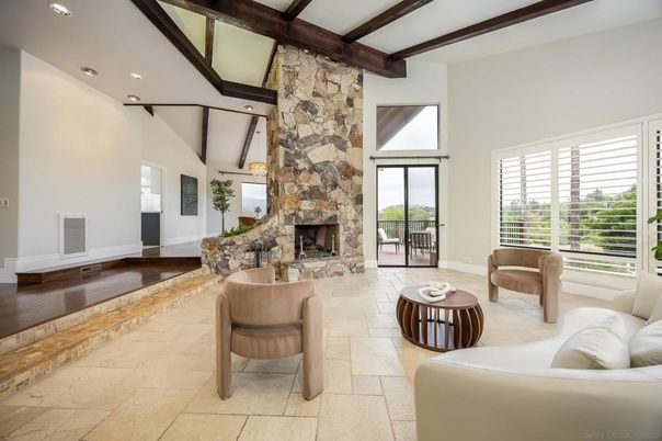 Fireplace, Interior, Living room, Recessed Lighting, Stone Walls, Wooden Beams