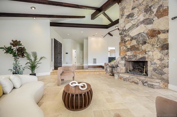 Fireplace, Interior, Living room, Recessed Lighting, Stone Walls, Wooden Beams