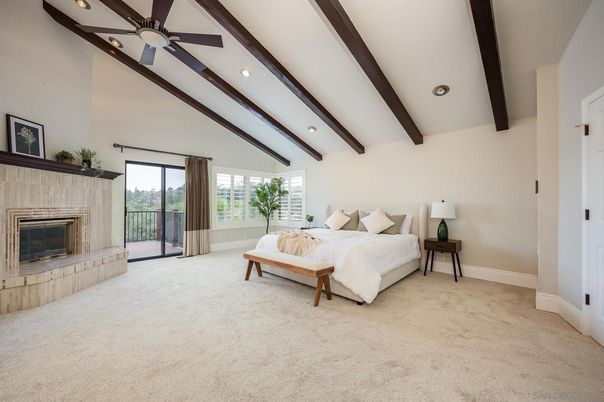 Bedroom, Fireplace, Interior, Recessed Lighting, Wooden Beams